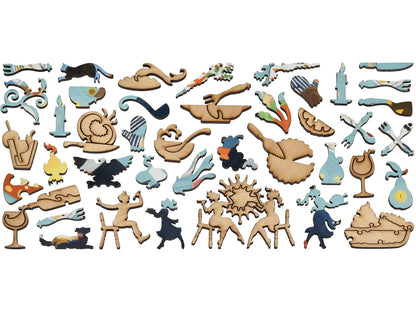 The whimsy pieces that can be found in the puzzle, Dinner Party.