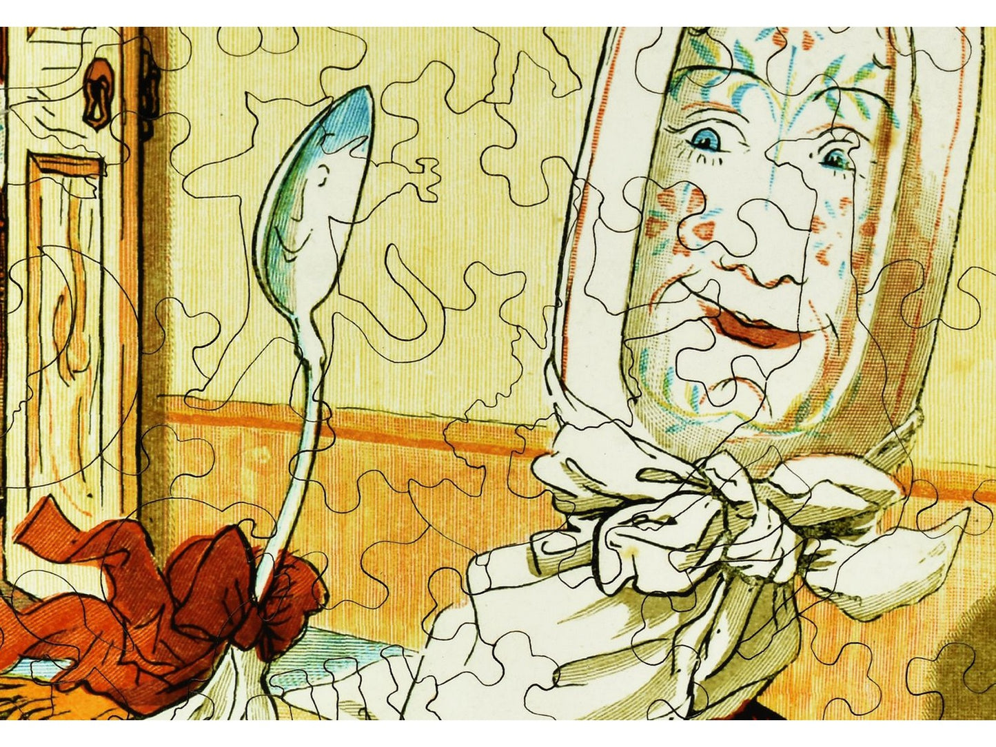 A closeup of the front of the puzzle, Dish Ran Away with the Spoon.