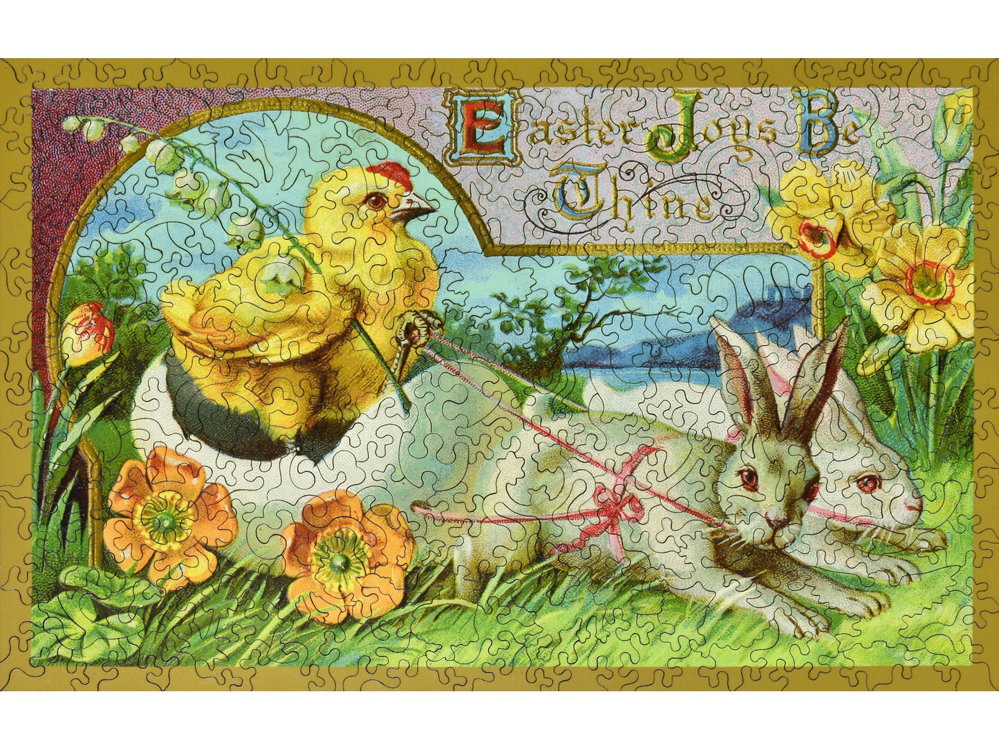 The front of the puzzle, Easter Chariot, with a chick riding an egg being pulled by rabbits.
