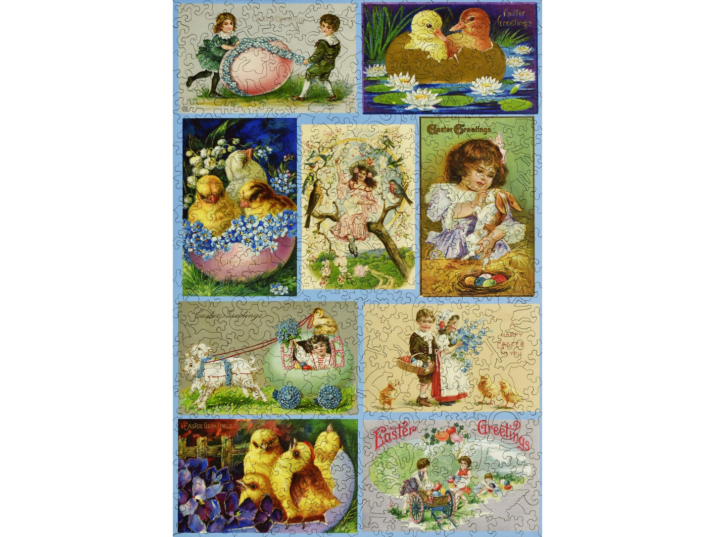 The front of the puzzle, Easter Collage, with several Easter themed postcards.
