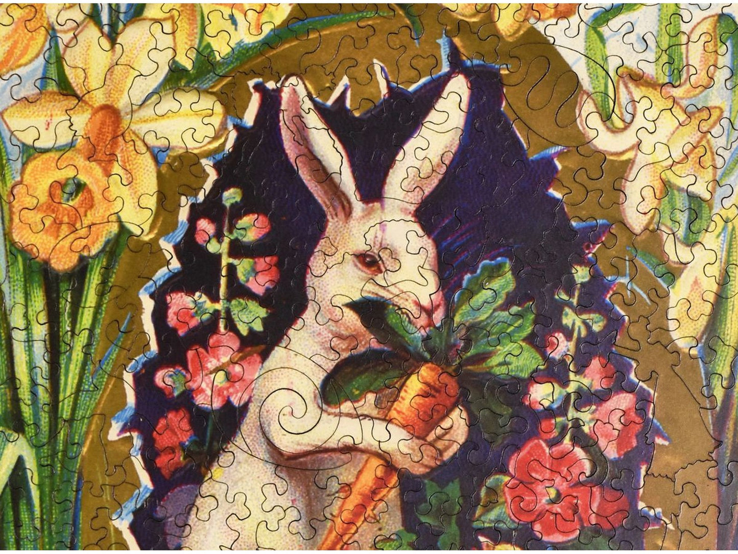 A closeup of the front of the puzzle, Easter Egg Rabbit, showing the detail in the pieces.