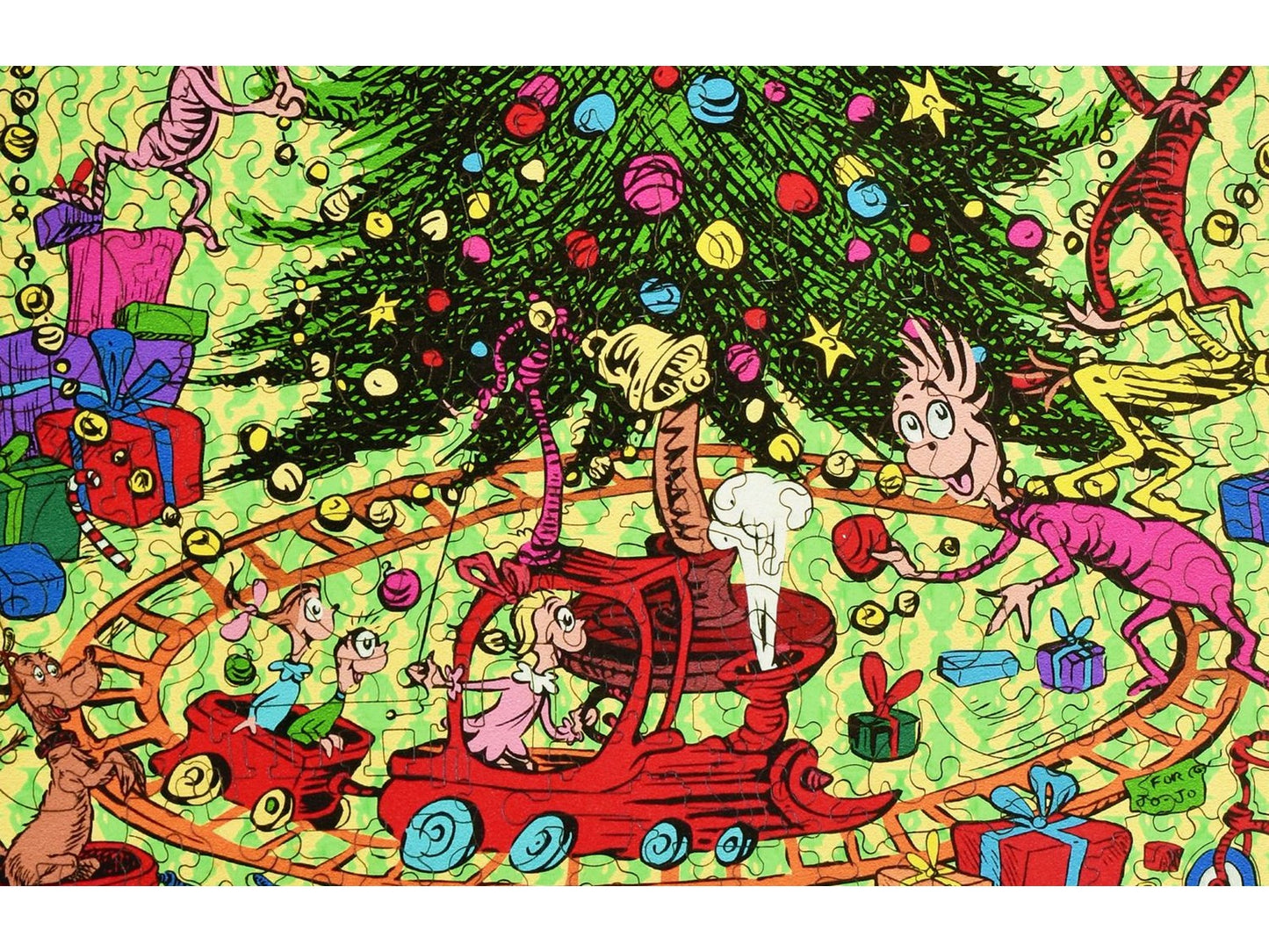 A closeup of the front of the puzzle, Every Who Down in Whoville Liked Christmas a Lot, showing the detail in the pieces.