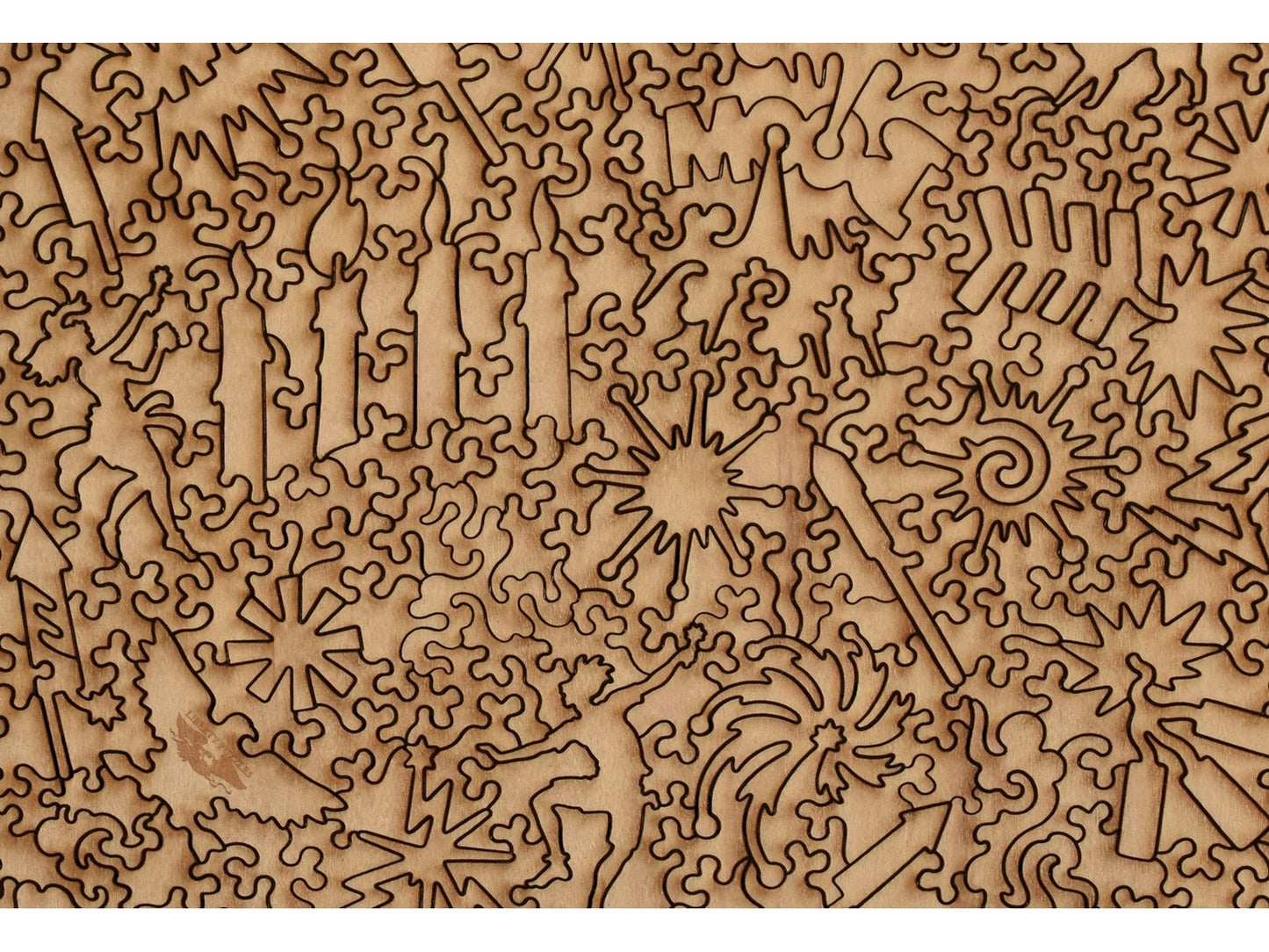 A closeup of the back of the puzzle, Fireworks, showing the detail in the pieces.