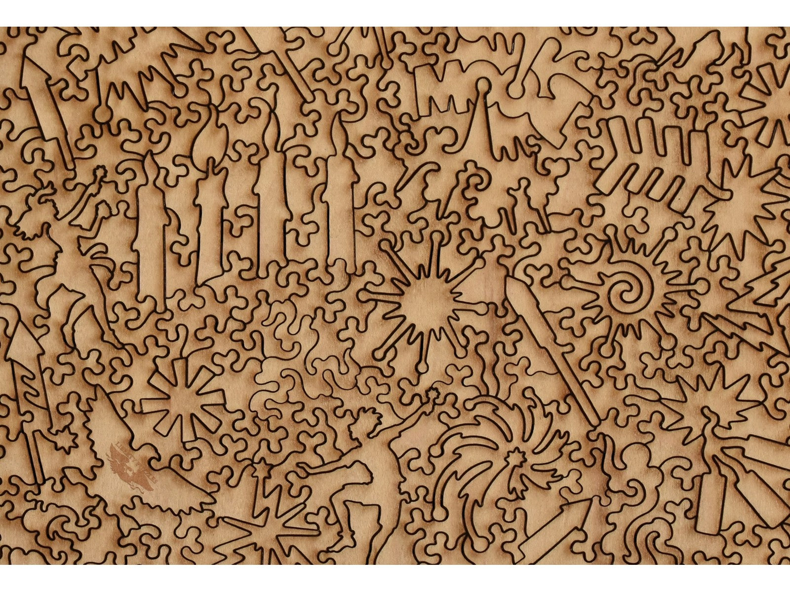 A closeup of the back of the puzzle, Fireworks, showing the detail in the pieces.