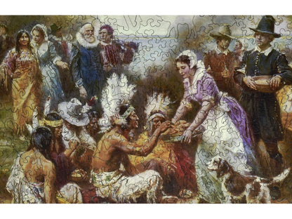 A closeup of the front of the puzzle, The First Thanksgiving, showing the detail in the pieces.