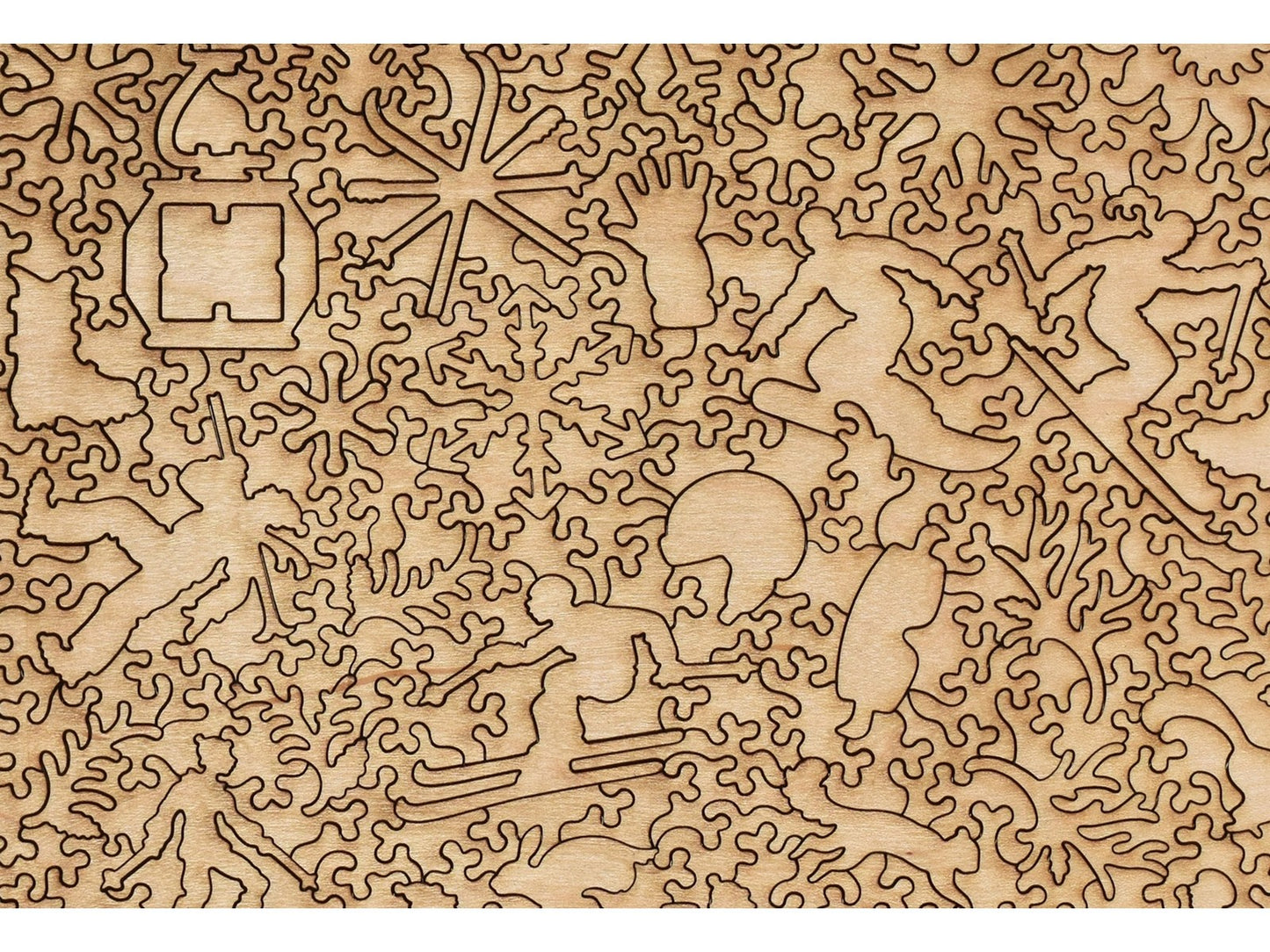 A closeup of the back of the puzzle, First Tracks, showing the detail in the pieces.