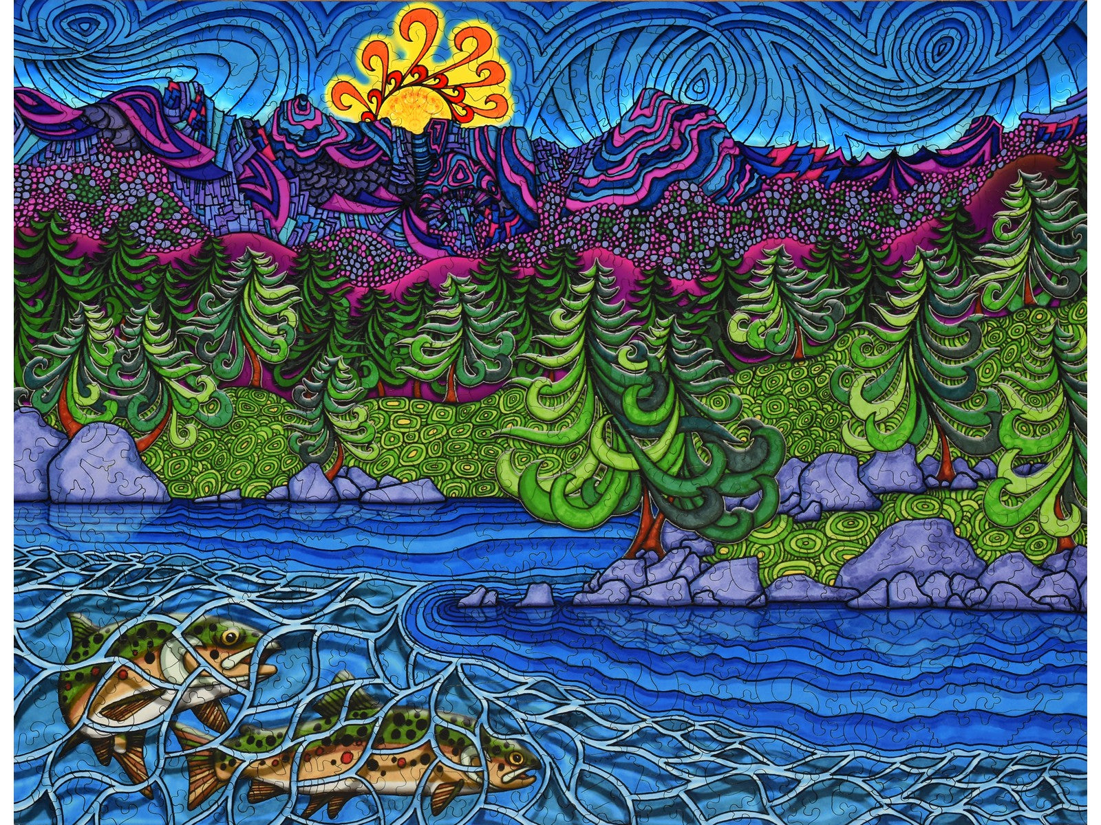 The front of the puzzle, Forest Lakes, which shows a lake with fish in the mountains.
