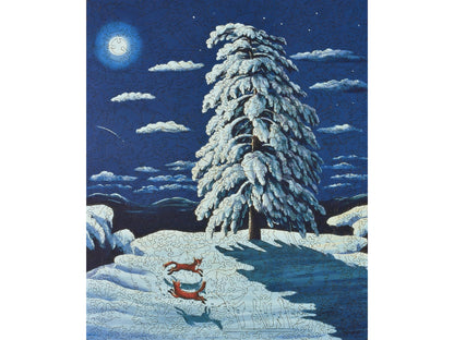 The front of the puzzle, Foxes in the Moonlight, with two foxes playing in the moonlight.