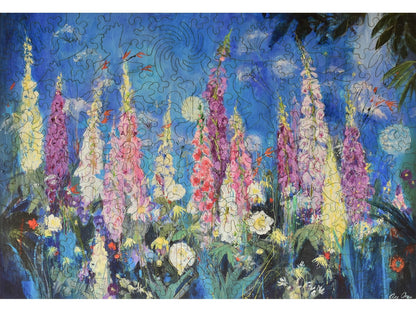The front of the puzzle, Foxgloves and Alliums.