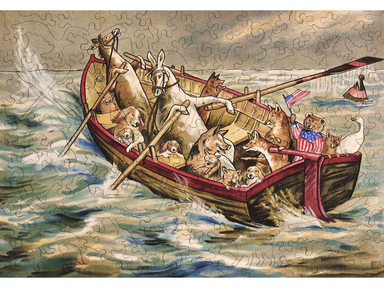 The front of the puzzle, Friends that Row Together, with animals rowing a boat.