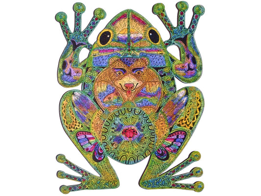 The front of the puzzle, Frog, which shows various plants and animals in the shape of a frog.