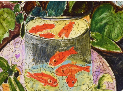 A closeup of the puzzle, Goldfish, showing the detail in the pieces.