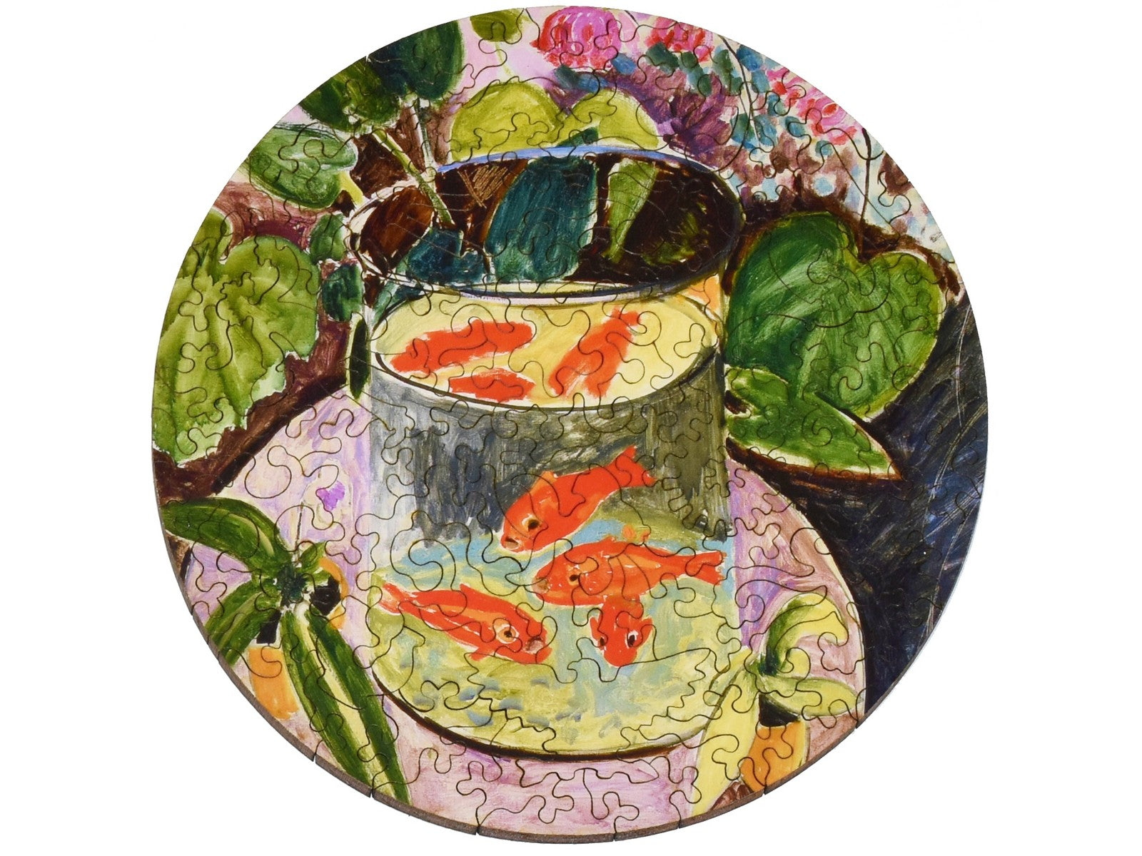 The front of the small round puzzle, Goldfish, by Henri Matisse.