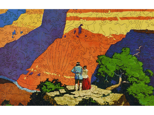 A closeup of the front of the puzzle, Grand Canyon Santa Fe Railroad, showing the detail in the pieces.