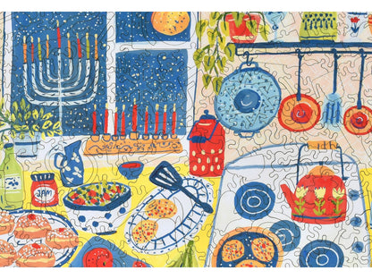 A closeup of the front of the puzzle, Hanukkah Evening, showing the detail in the pieces.