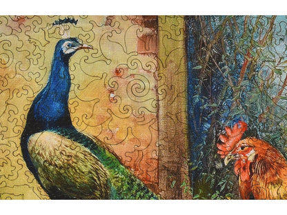 A closeup of the front of the puzzle, Hens and Peacock, showing the detail in the pieces.
