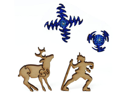 A closeup of pieces showing a hiker, deer, and celestial objects.