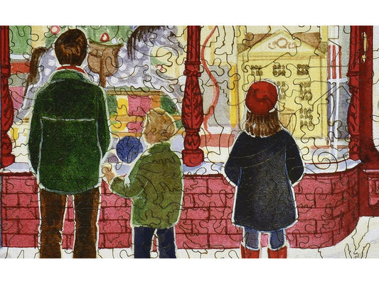 A closeup of the front of the puzzle, Hilltop Toys and Games, showing the detail in the pieces.