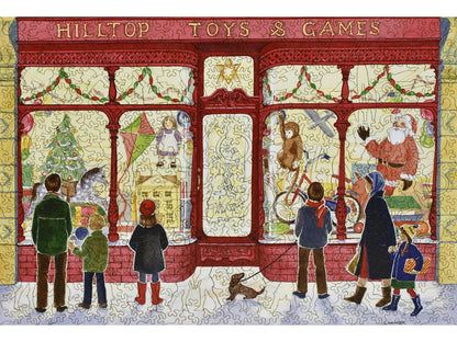 The front of the puzzle, Hilltop Toys and Games, with shoppers looking in the windows of a store.