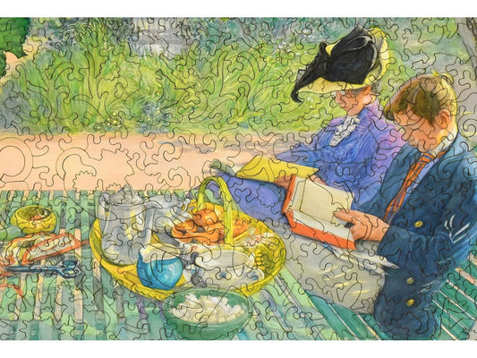 A closeup of the front of the puzzle, Holiday Reading, showing the detail in the pieces.