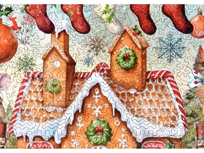 A closeup of the front of the puzzle, Holly Jolly Christmas, showing the detail in the pieces.