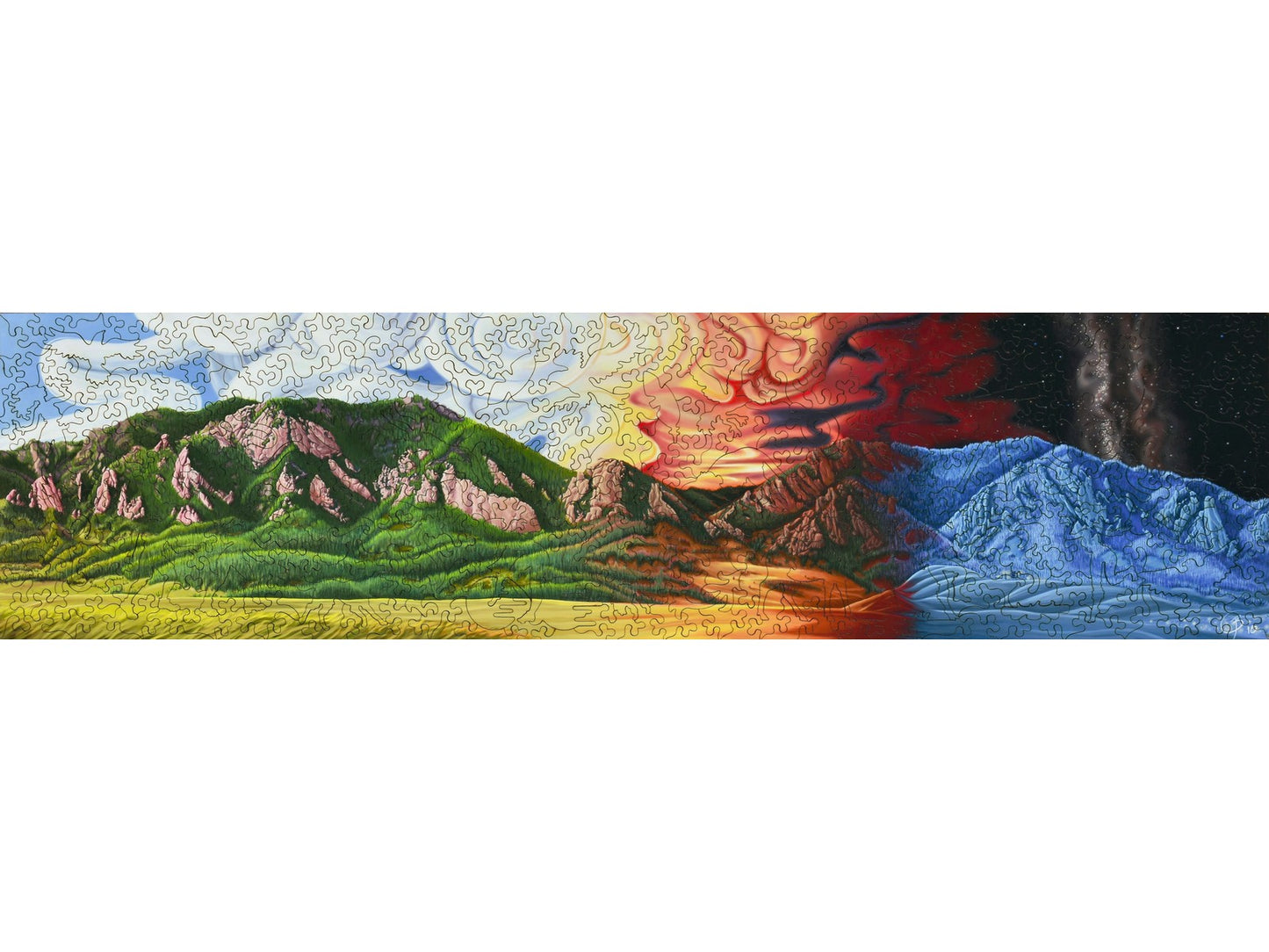The front of the puzzle, Home 365, which shows mountains in different seasons and times of day and night.