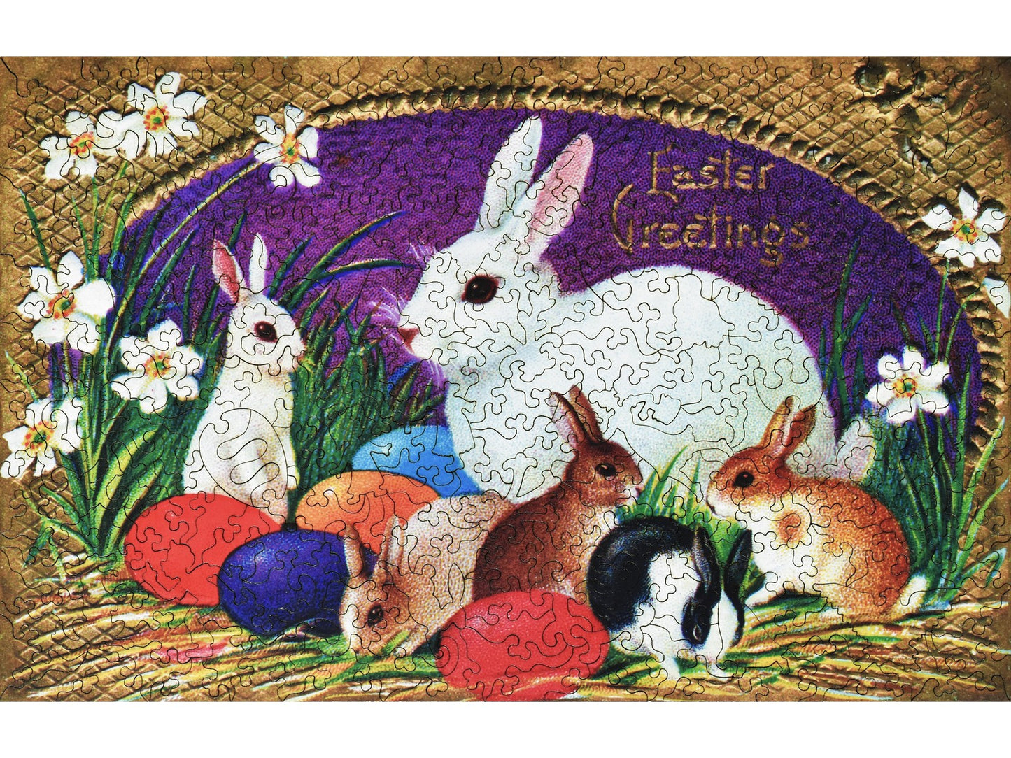 The front of the puzzle, Hoppy Easter, with rabbits and Easter eggs.