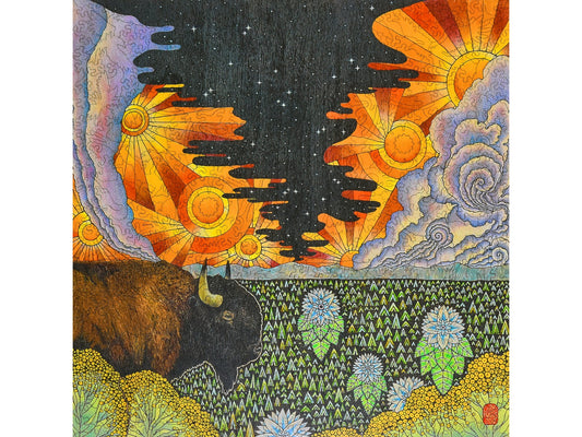 The front of the puzzle, How the West Was One, showing a bison, flower, and the sky.