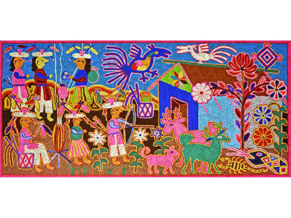 The front of the puzzle, Huichol Culture, depicting a colorful scene of daily life.