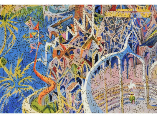 A closeup of the front of the puzzle, I Dreamed I was a Doorman at the Hotel Del Coronado, showing the detail in the pieces.