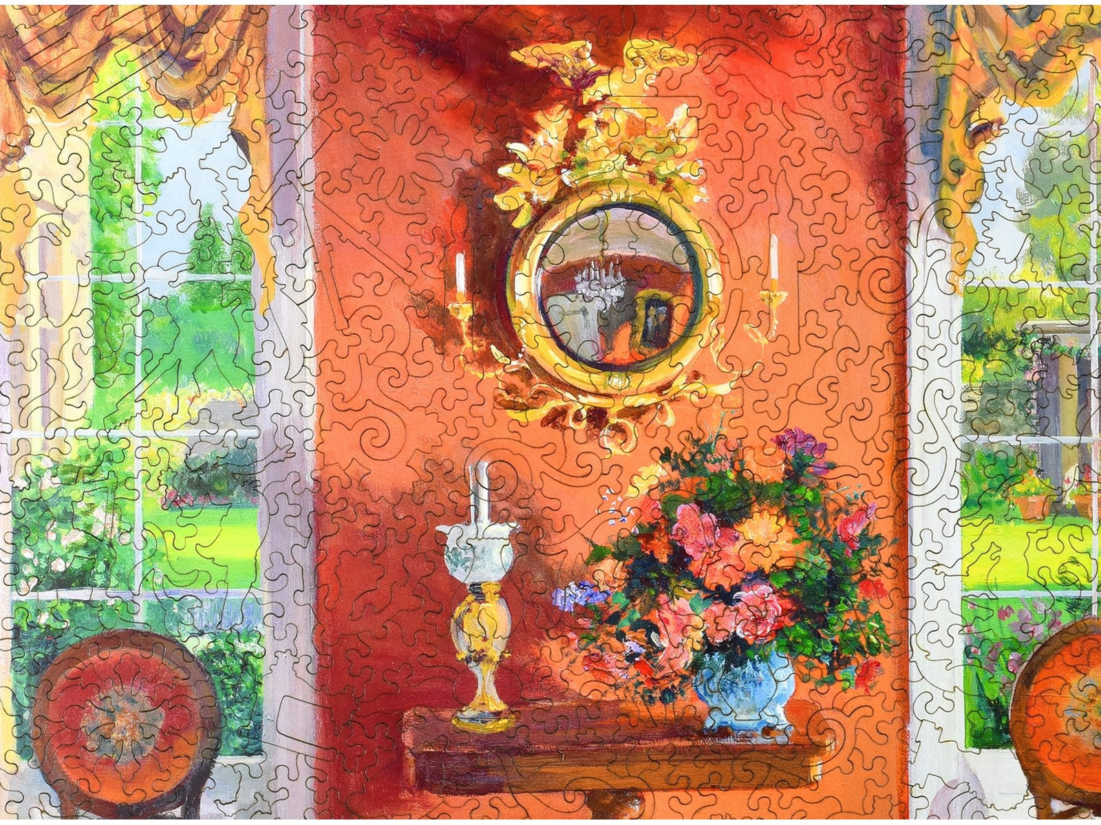 A closeup of the front of the puzzle, Interior, showing the detail in the pieces.