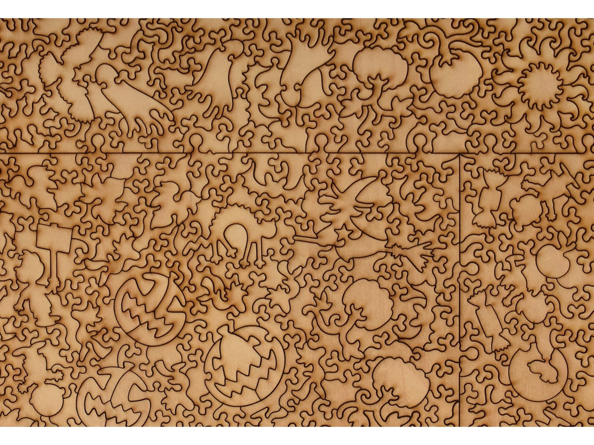 A closeup of the back of the puzzle, It's the Great Pumpkin, Charlie Brown, showing the detail in the pieces.