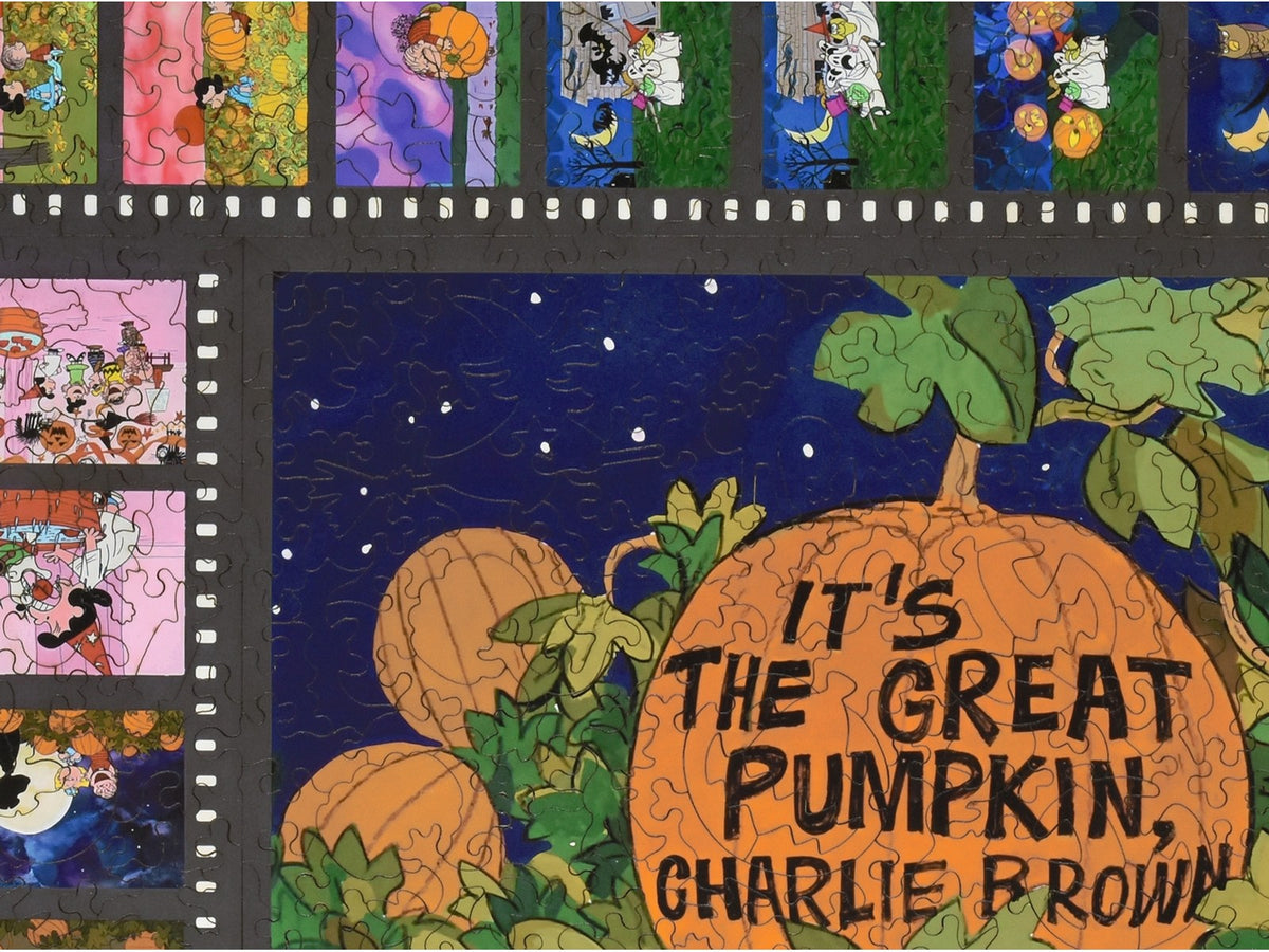 A closeup of the front of the puzzle, It's the Great Pumpkin, Charlie Brown, showing the detail in the pieces.