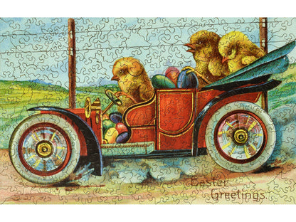 The front of the puzzle, Jelly Bean Bandits, with three chicks riding in a car full of jelly beans.