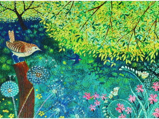 A closeup of the front of the puzzle, Jenny's Garden, showing the detail in the pieces.
