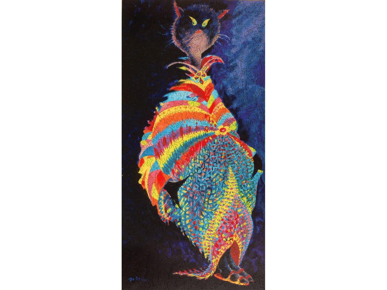 The front of the puzzle, Joseph Katz and His Coat of Many Colors, showing a cat wearing a colorful coat and sandals.