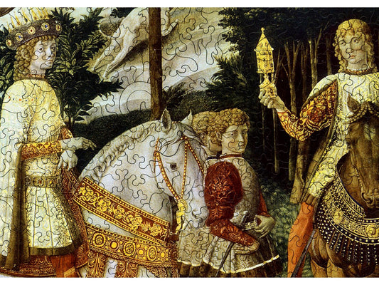 A closeup of the front of the puzzle, Journey of the Magi, showing the detail in the pieces.