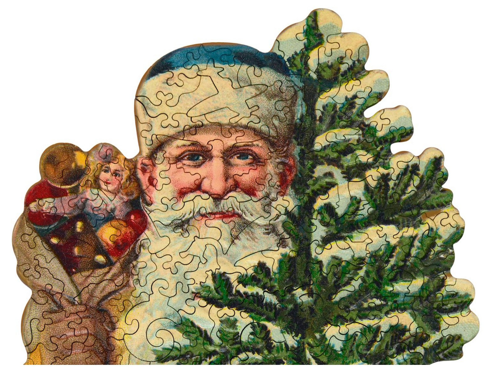 A closeup of the front of the puzzle, Joyful Yellow Santa, showing the detail in the pieces.