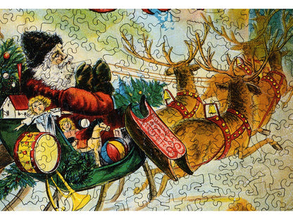 A closeup of the front of the puzzle, Kris Kringle Series, showing the detail in the pieces.