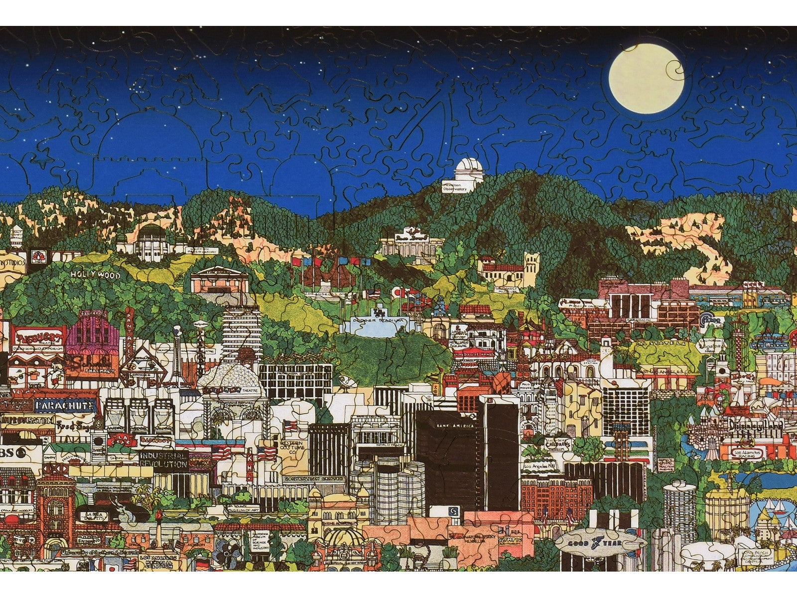 A closeup of the front of the puzzle, LA by Night, showing the detail in the pieces.