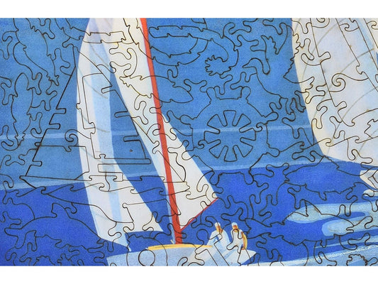 A closeup of the front of the puzzle, Lake Thun Sailing School, showing the detail in the pieces.