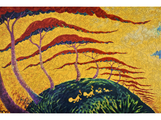 The front of the puzzle, Lion Stroll, which shows a lion family walking next to some red trees.