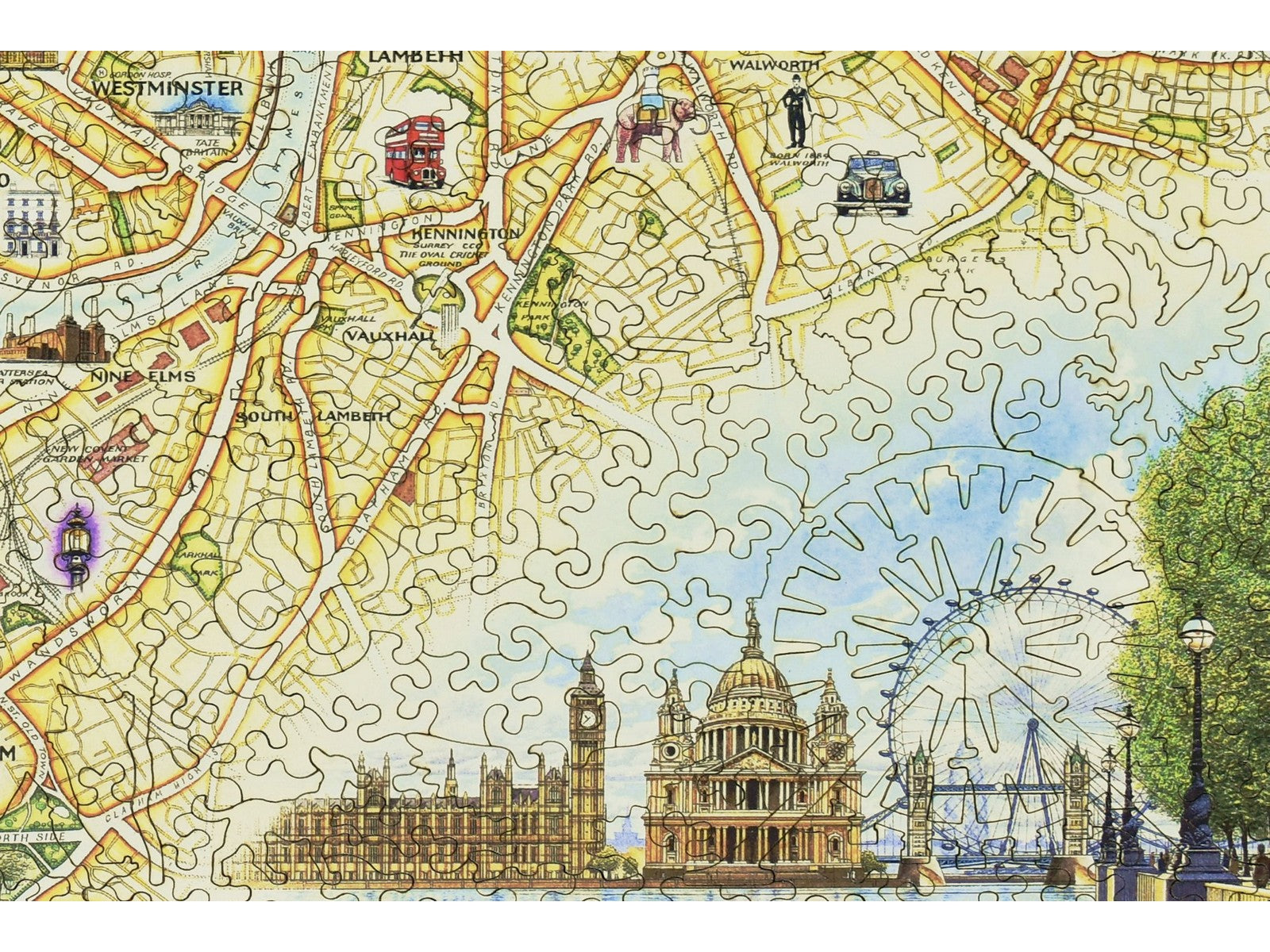 A closeup of the front of the puzzle, London Xplorer Map, showing the detail in the pieces.