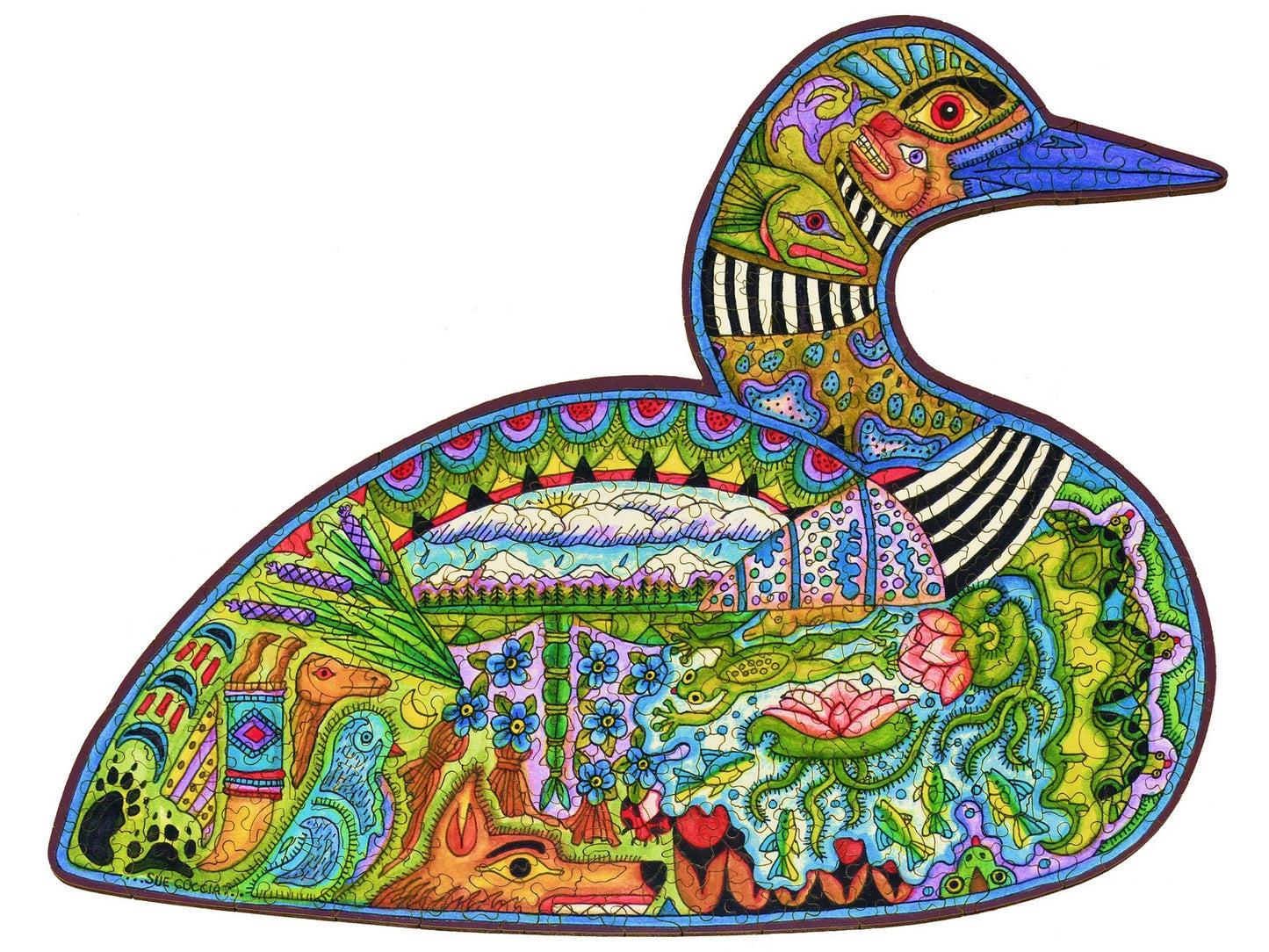 The front of the puzzle, Loon, which shows various plants and animals in the shape of a loon.