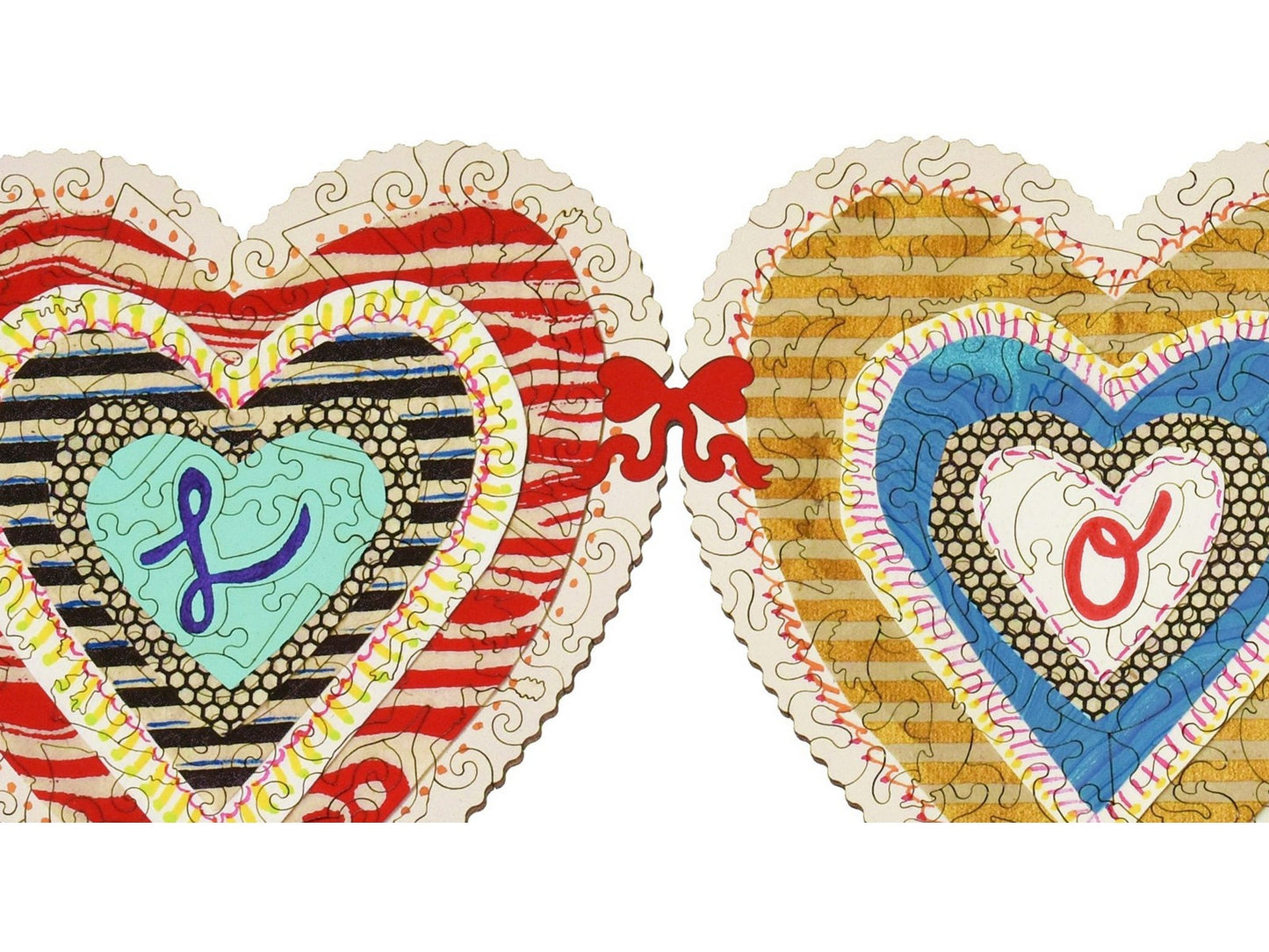 A closeup of the front of the puzzle, Love Connection, showing the detail in the pieces.