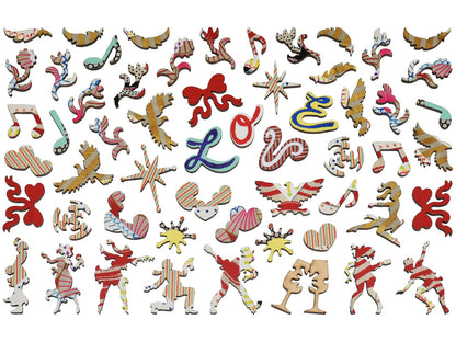 The whimsy pieces that can be found in the puzzle, Love Connection.