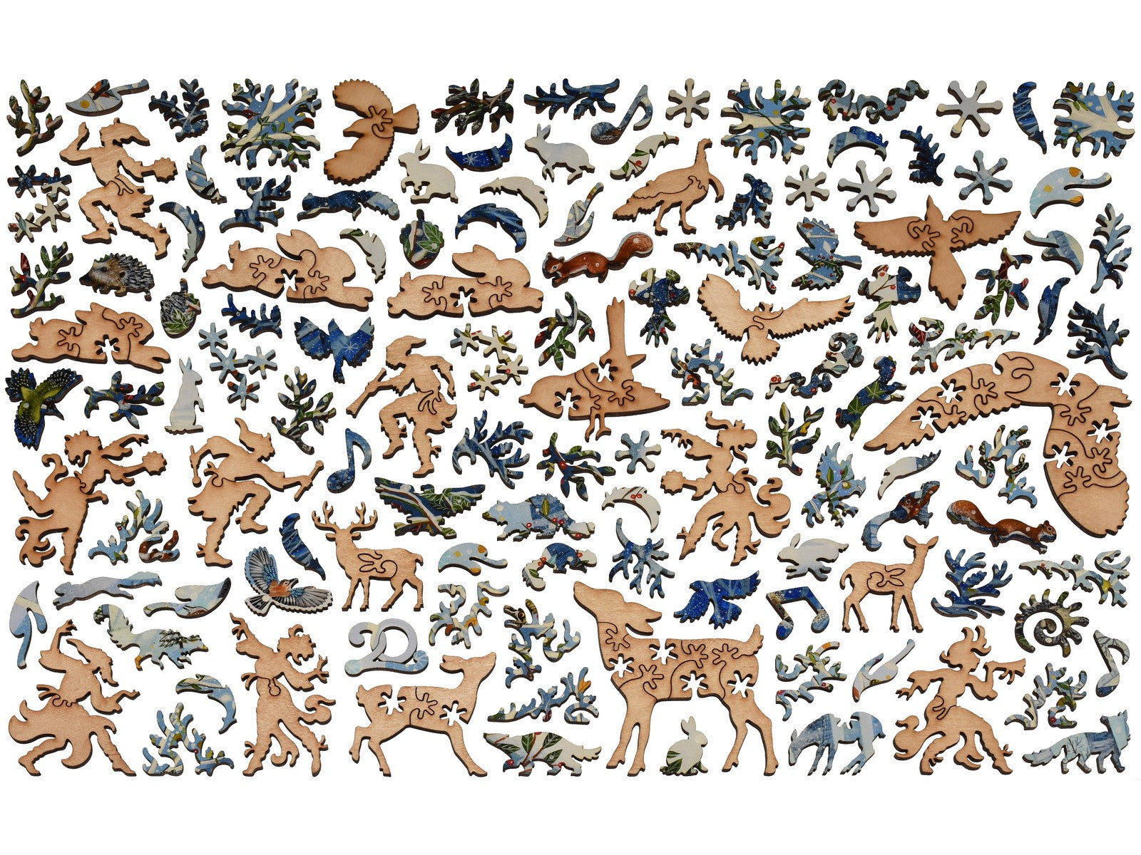 The whimsy pieces that can be found in the puzzle, Magical Winter Woodland.