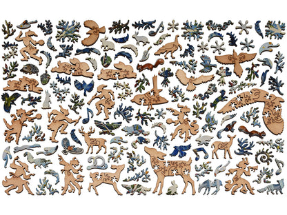 The whimsy pieces that can be found in the puzzle, Magical Winter Woodland.