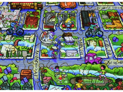A closeup of the front of the puzzle, Map of "Old Town" Boulder, Colorado, showing the detail in the pieces.