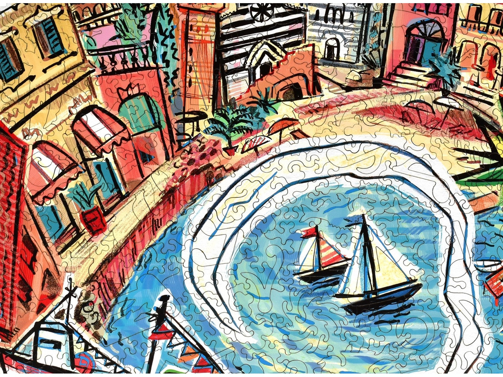 A closeup of the front of the puzzle, Mediterranean Sea, showing the detail in the pieces.
